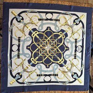 Vintage Hermes Pellier Paris Eperon d' Or Silk Scarf Blues with light Gray